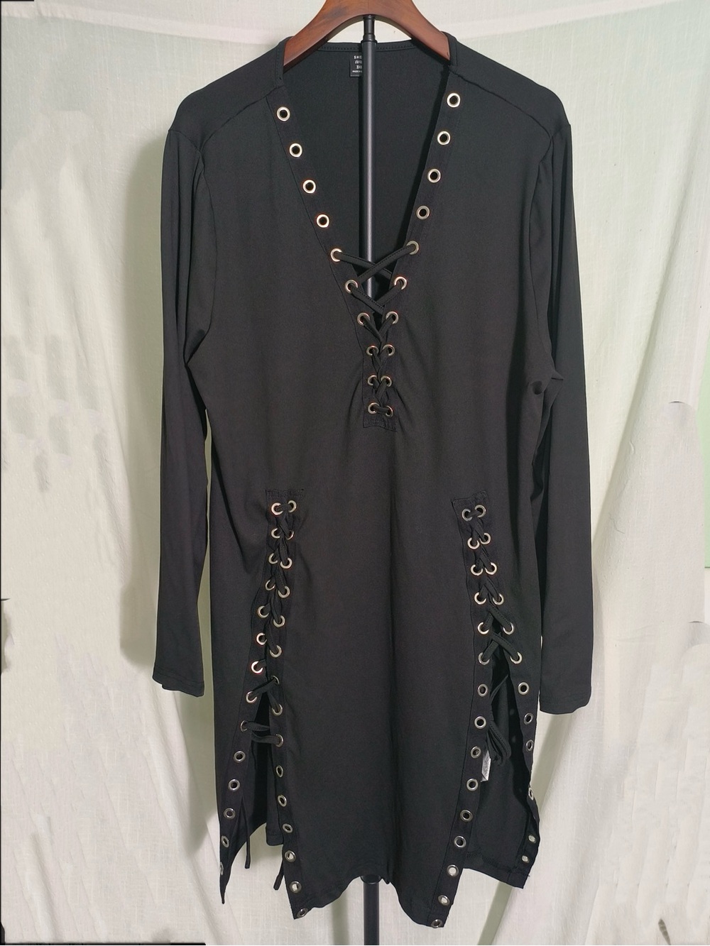 SHEIN Curve 3XL Black Lace Up Grommet Mini Dress Goth Y2K Long Sleeve